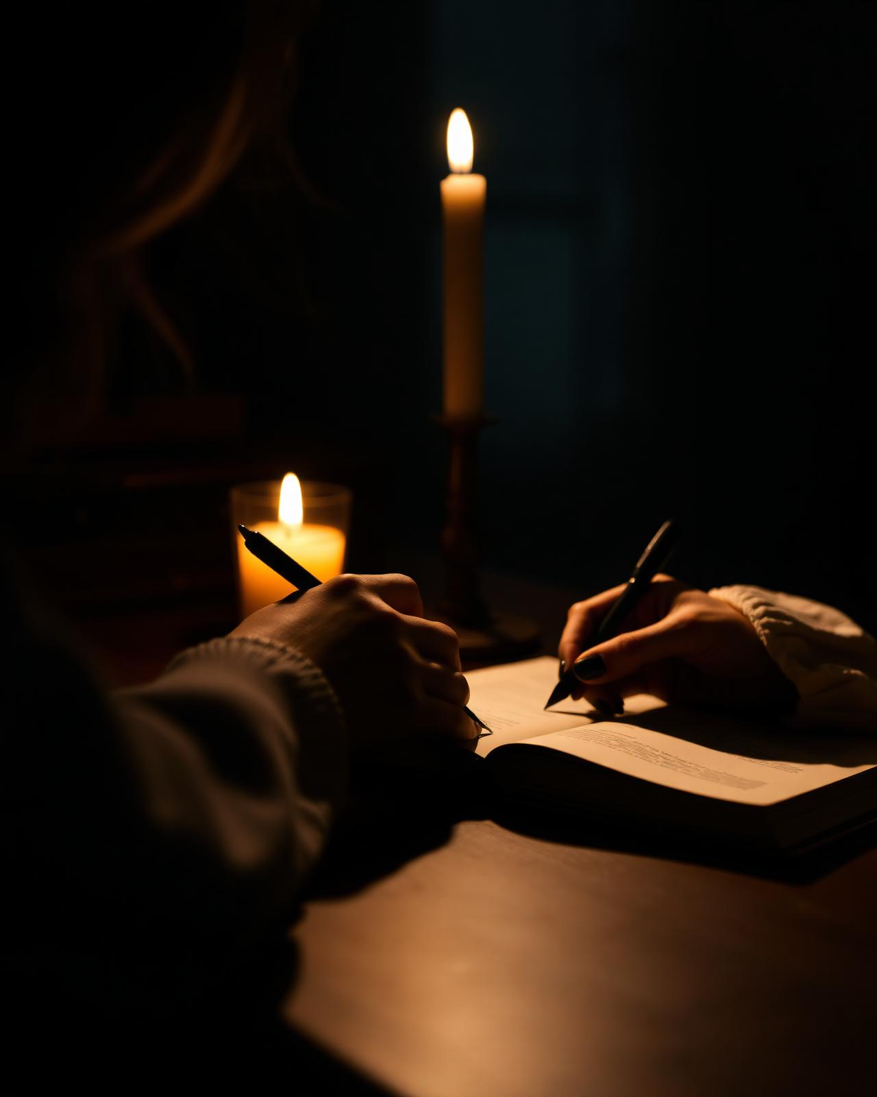 Hands writing by candlelight