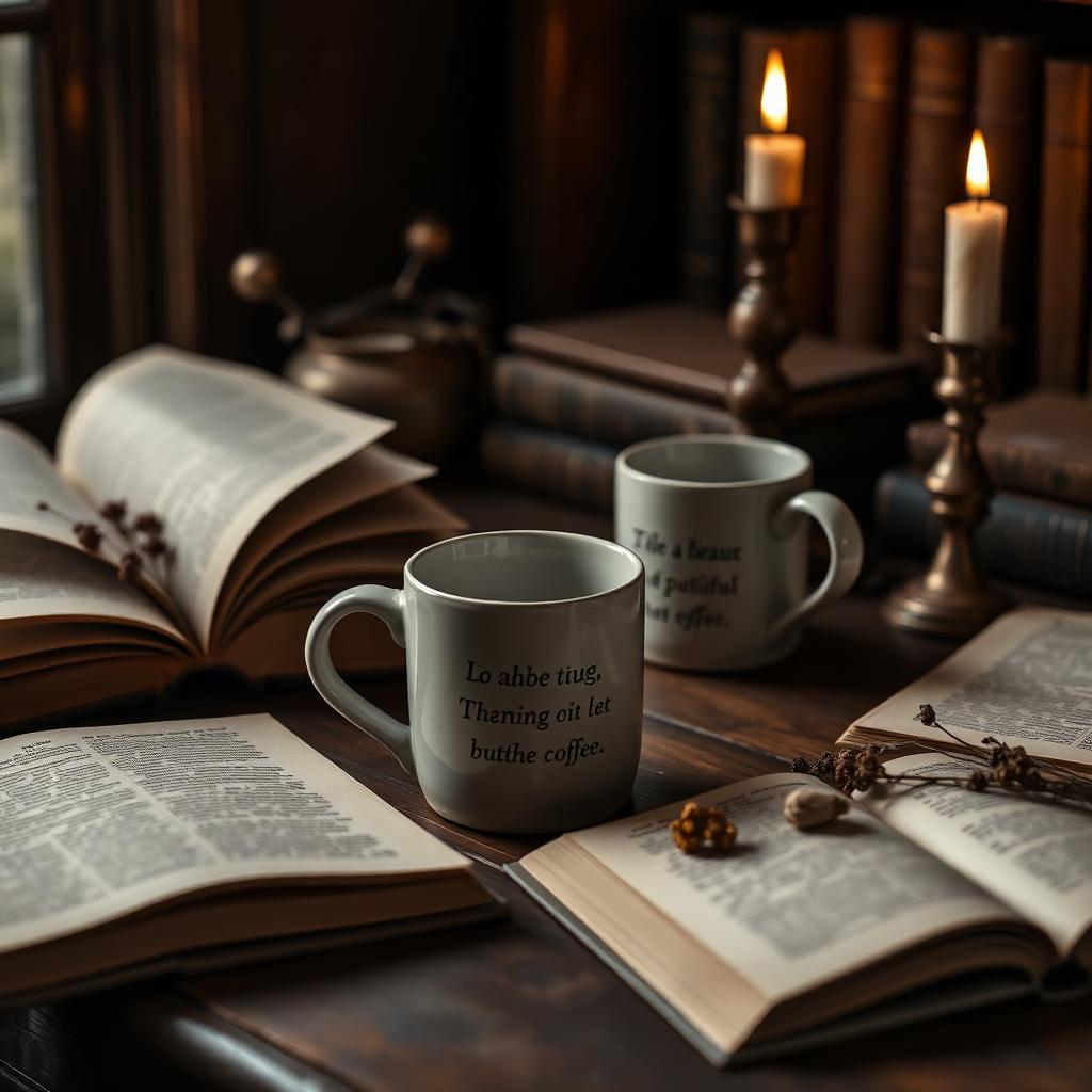 Ceramic literary mug beside an open book and a candle