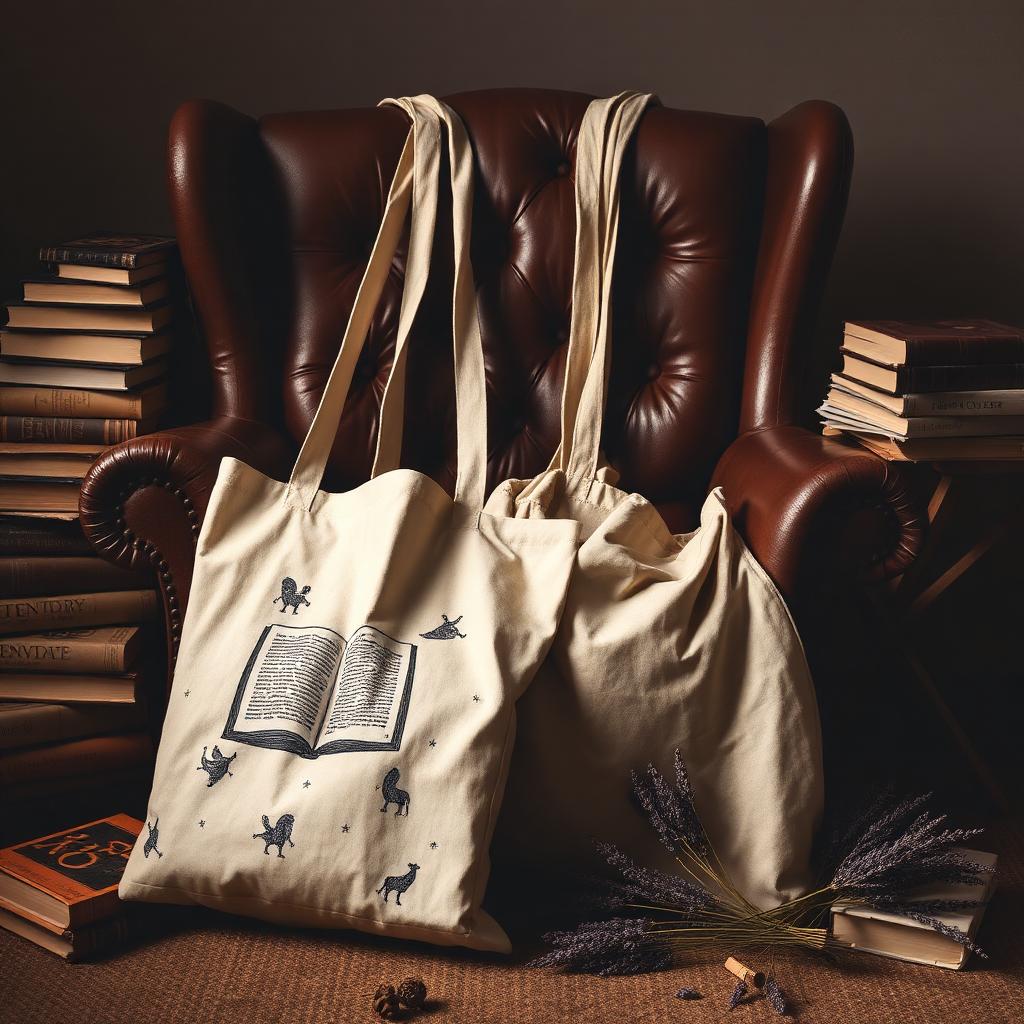 Canvas tote bag carrying books and a notebook for the library